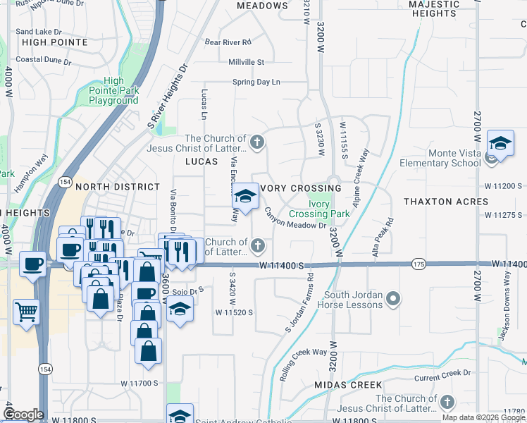 map of restaurants, bars, coffee shops, grocery stores, and more near 3358 Canyon Meadow Drive in South Jordan