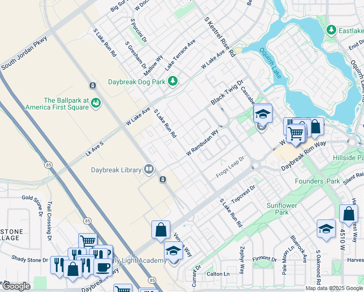 map of restaurants, bars, coffee shops, grocery stores, and more near 11267 Lake Run Road in South Jordan