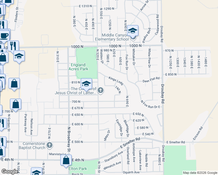 map of restaurants, bars, coffee shops, grocery stores, and more near 752 520 East in Tooele