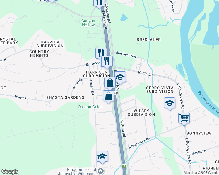 map of restaurants, bars, coffee shops, grocery stores, and more near South Market Street in Redding