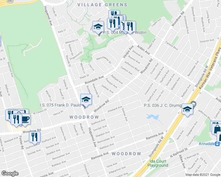 map of restaurants, bars, coffee shops, grocery stores, and more near 18 Delmar Avenue in Staten Island