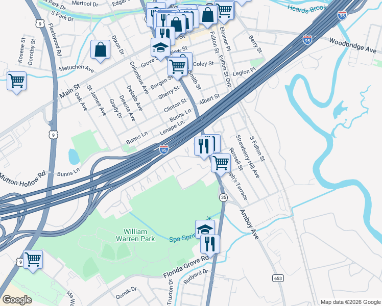 map of restaurants, bars, coffee shops, grocery stores, and more near 1209 Cricket Lane in Woodbridge Township