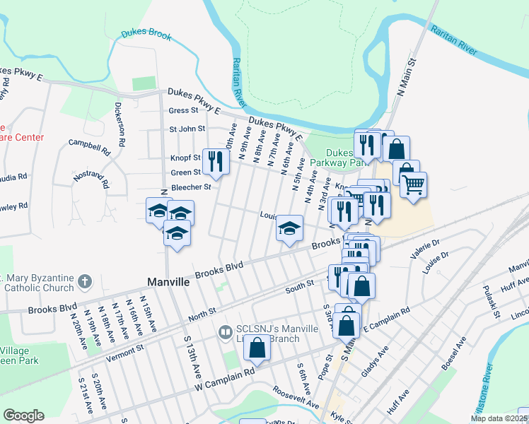 map of restaurants, bars, coffee shops, grocery stores, and more near 701 Louis Street in Manville