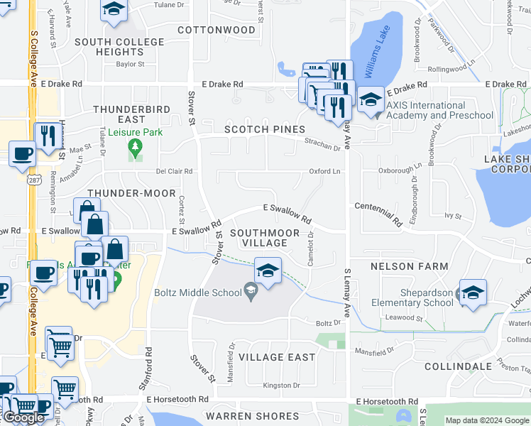 map of restaurants, bars, coffee shops, grocery stores, and more near 809 East Swallow Road in Fort Collins