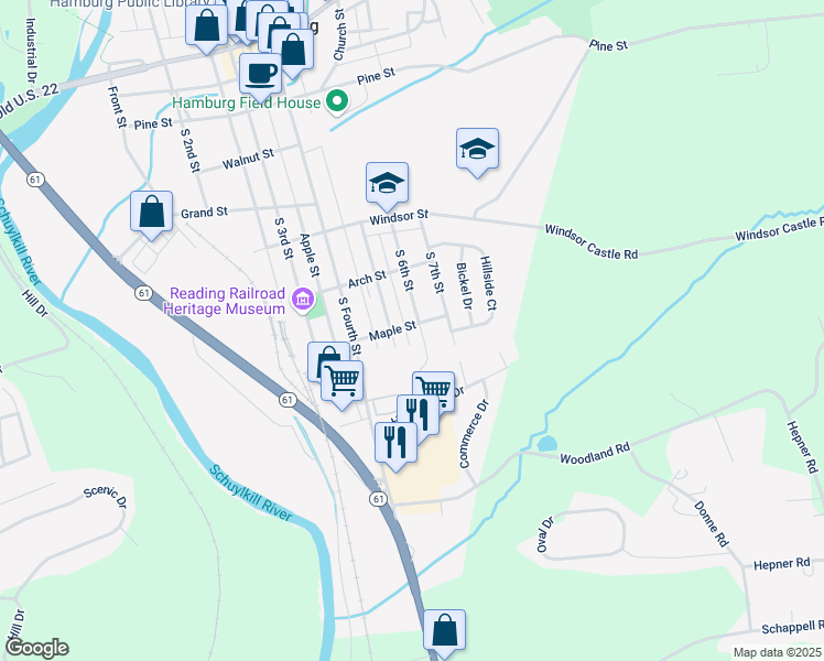 map of restaurants, bars, coffee shops, grocery stores, and more near 600 S 6th St in Hamburg
