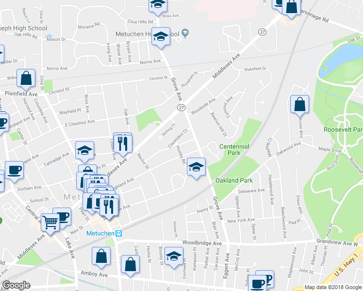 map of restaurants, bars, coffee shops, grocery stores, and more near 8 Beverly Court in Metuchen