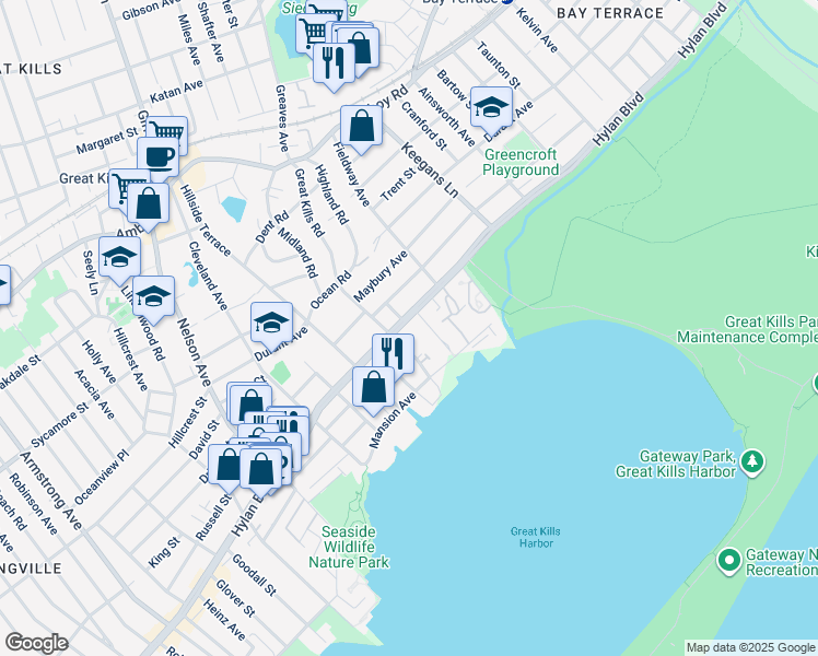 map of restaurants, bars, coffee shops, grocery stores, and more near 3774 Hylan Boulevard in Staten Island