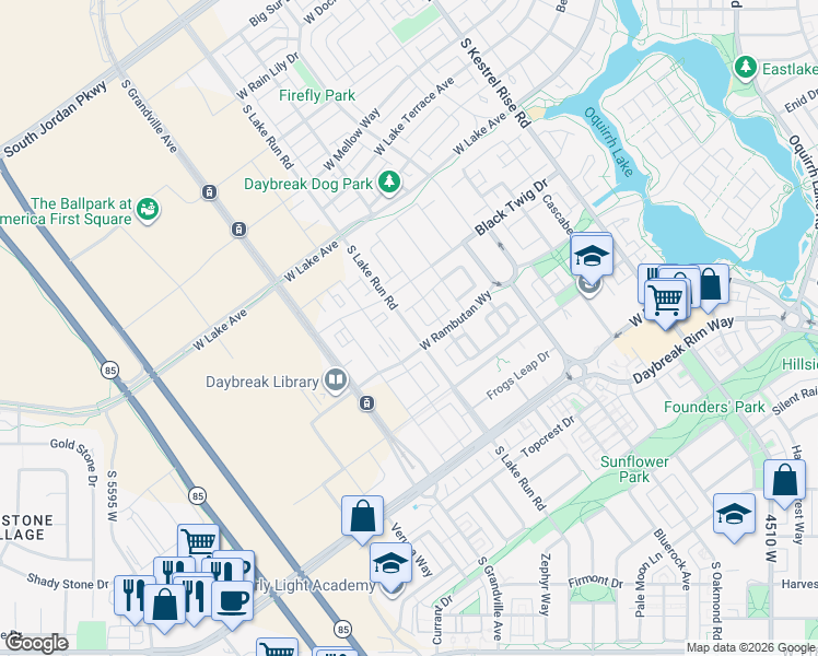 map of restaurants, bars, coffee shops, grocery stores, and more near 11267 Lake Run Road in South Jordan