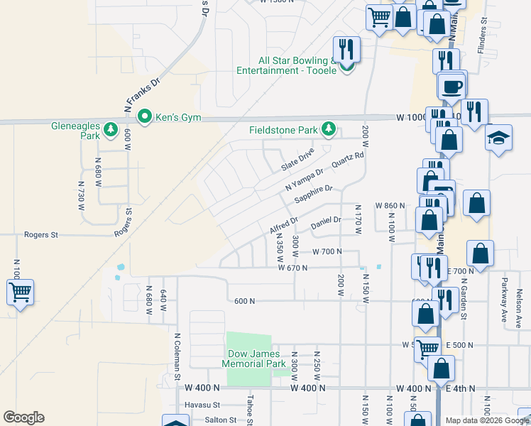 map of restaurants, bars, coffee shops, grocery stores, and more near 377 West Sapphire Drive in Tooele