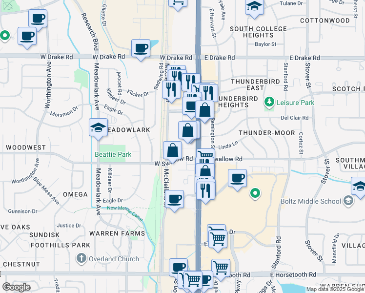 map of restaurants, bars, coffee shops, grocery stores, and more near 2925 South College Avenue in Fort Collins