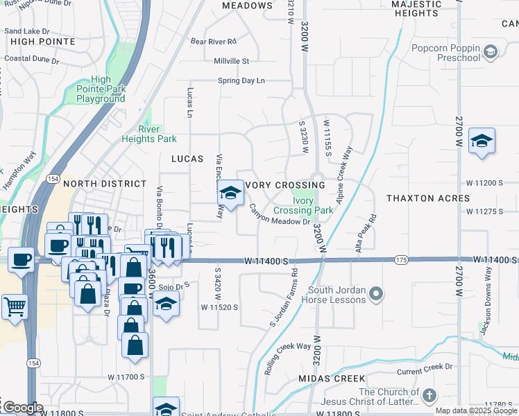 map of restaurants, bars, coffee shops, grocery stores, and more near 3358 Canyon Meadow Drive in South Jordan