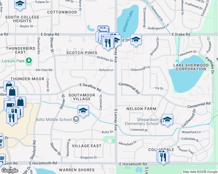 map of restaurants, bars, coffee shops, grocery stores, and more near 1024 East Swallow Road in Fort Collins