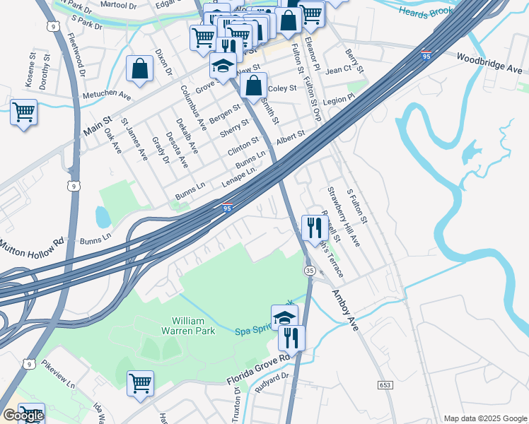 map of restaurants, bars, coffee shops, grocery stores, and more near 1209 Cricket Lane in Woodbridge Township