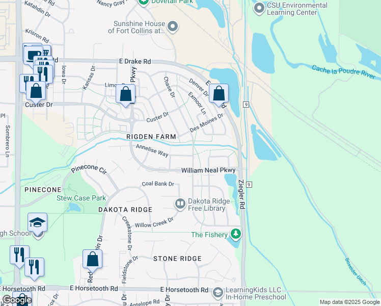 map of restaurants, bars, coffee shops, grocery stores, and more near 3002 Chase Drive in Fort Collins