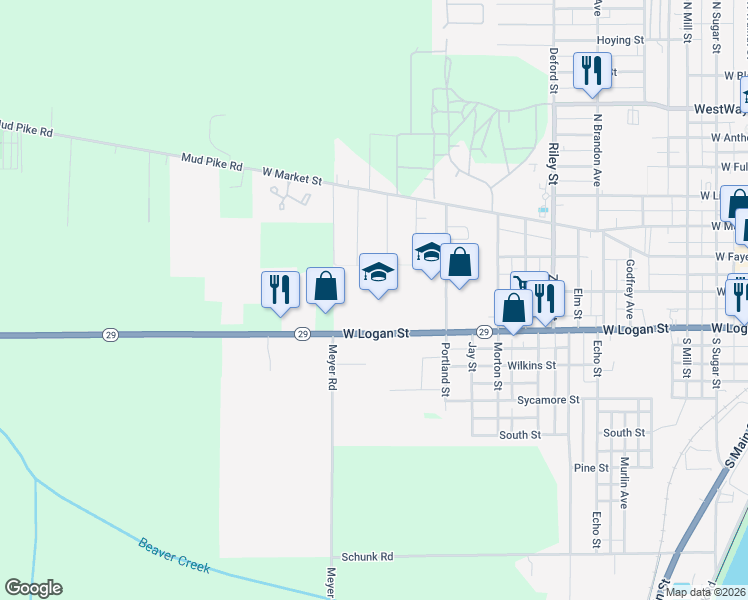 map of restaurants, bars, coffee shops, grocery stores, and more near 1225 West Logan Street in Celina