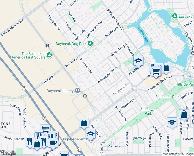 map of restaurants, bars, coffee shops, grocery stores, and more near 11263 South Lake Run Road in South Jordan