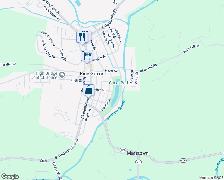 map of restaurants, bars, coffee shops, grocery stores, and more near 23 Union Street in Pine Grove