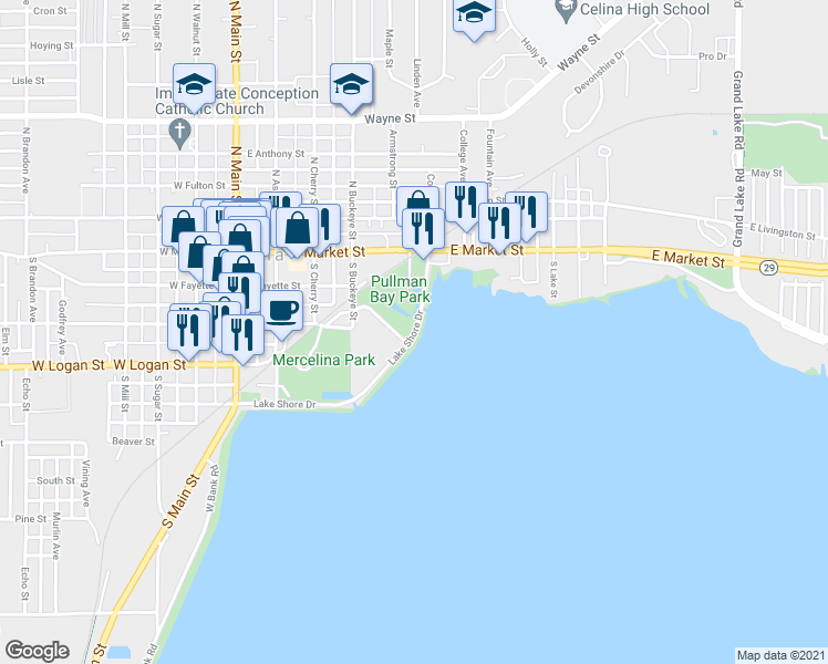map of restaurants, bars, coffee shops, grocery stores, and more near 598 Lakeshore Drive in Celina