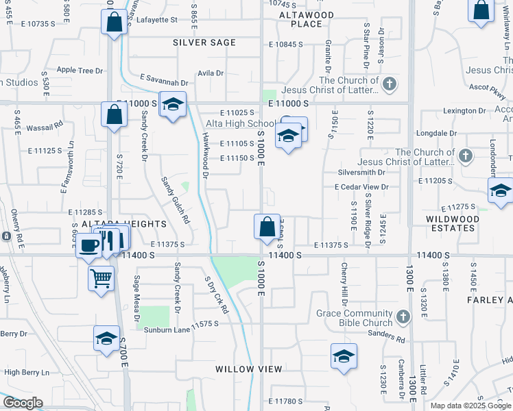 map of restaurants, bars, coffee shops, grocery stores, and more near 989 Sandcrest Drive in Sandy