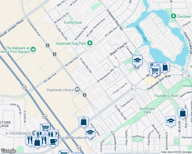 map of restaurants, bars, coffee shops, grocery stores, and more near 11267 Lake Run Road in South Jordan