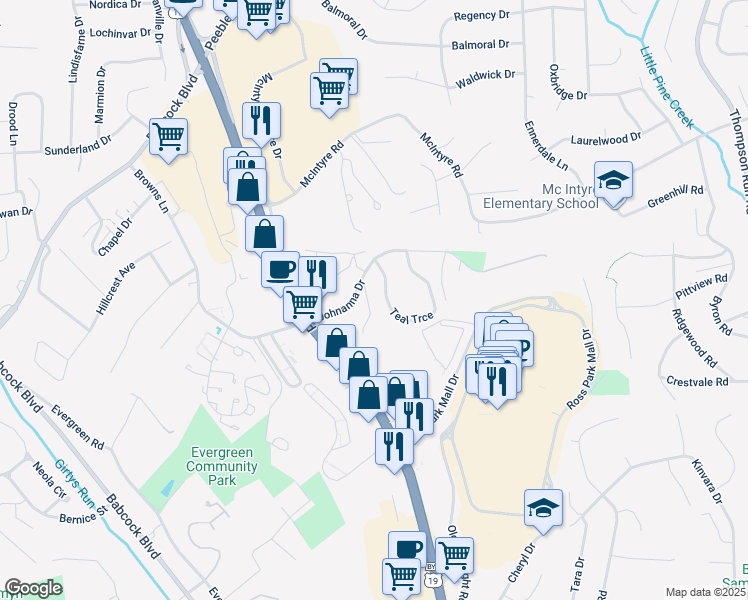 map of restaurants, bars, coffee shops, grocery stores, and more near 1234 Quail Roost Road in Pittsburgh