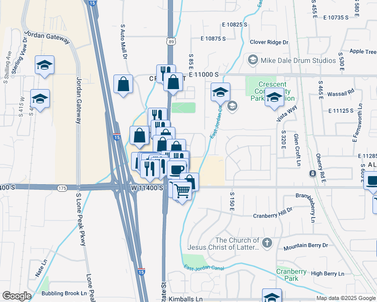 map of restaurants, bars, coffee shops, grocery stores, and more near 11251 U.S. 89 in Sandy