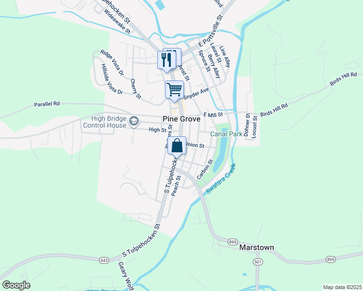 map of restaurants, bars, coffee shops, grocery stores, and more near 209 South Tulpehocken Street in Pine Grove