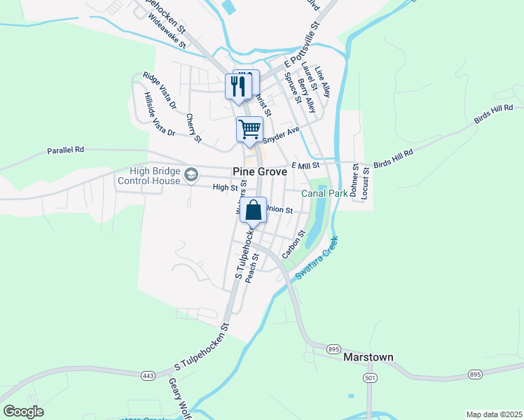 map of restaurants, bars, coffee shops, grocery stores, and more near 209 South Tulpehocken Street in Pine Grove