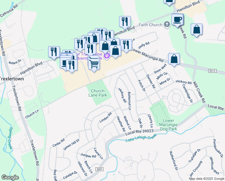map of restaurants, bars, coffee shops, grocery stores, and more near 1300 Walnut Lane in Macungie