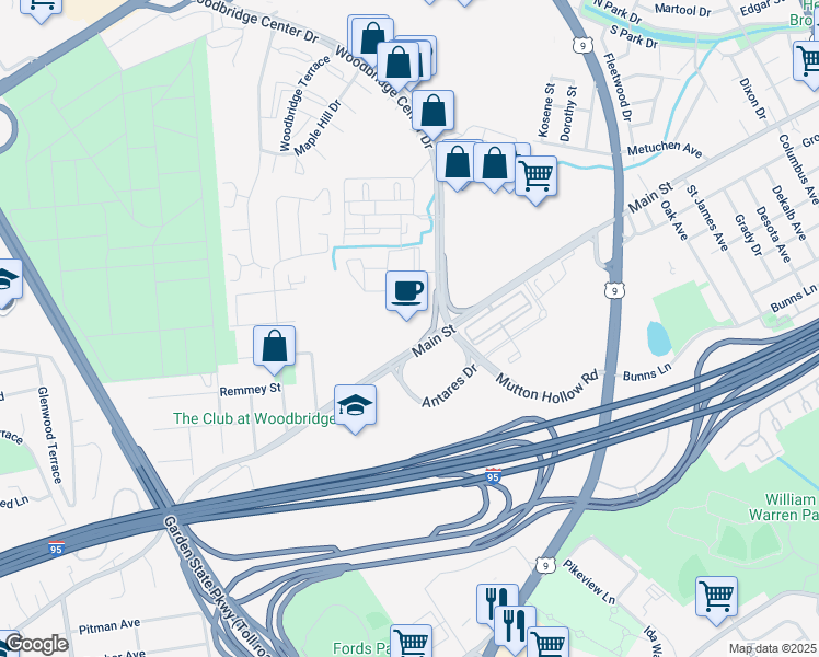 map of restaurants, bars, coffee shops, grocery stores, and more near 10 Woodbridge Center Drive in Woodbridge Township