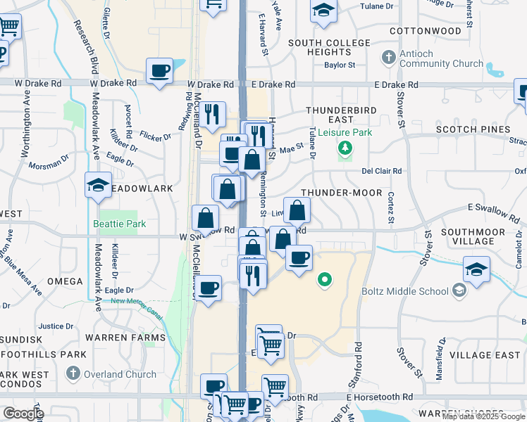 map of restaurants, bars, coffee shops, grocery stores, and more near 3085 Remington Street in Fort Collins