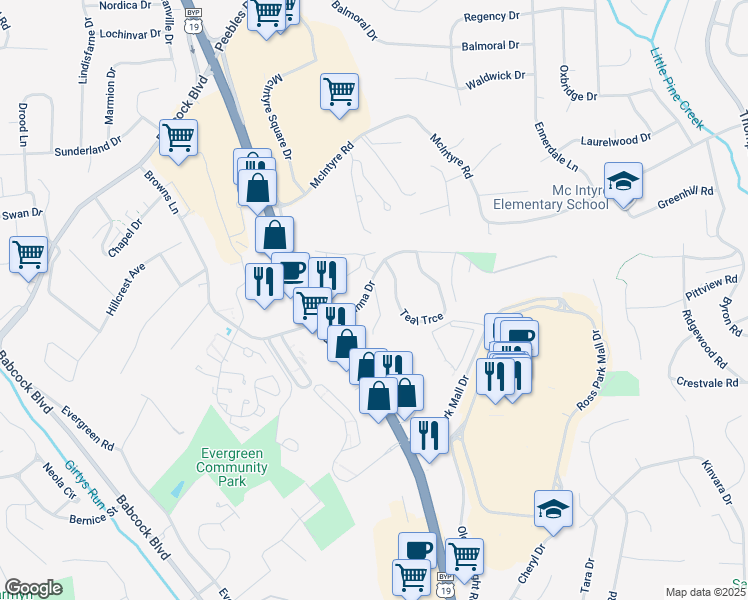 map of restaurants, bars, coffee shops, grocery stores, and more near 1200 Quail Roost Road in Pittsburgh