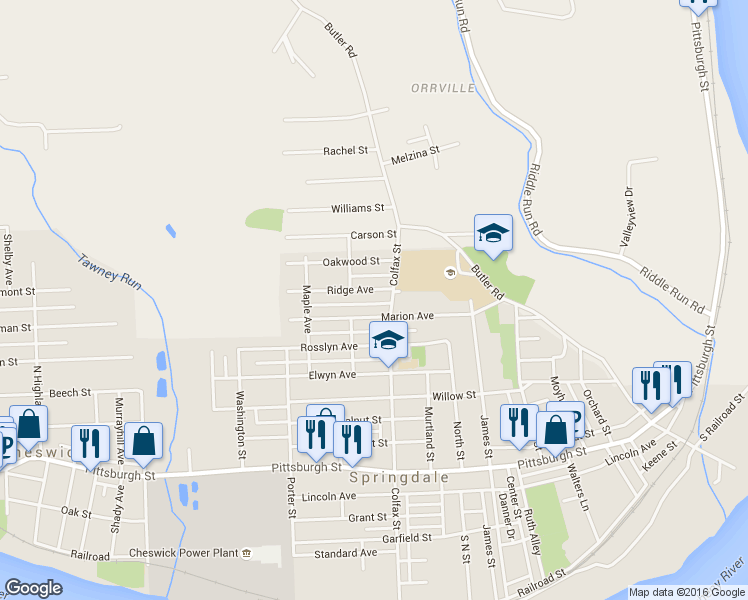 map of restaurants, bars, coffee shops, grocery stores, and more near 524 Ridge Avenue in Springdale