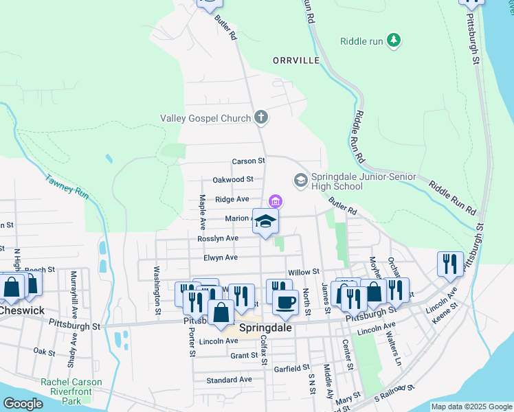 map of restaurants, bars, coffee shops, grocery stores, and more near 524 Ridge Avenue in Springdale
