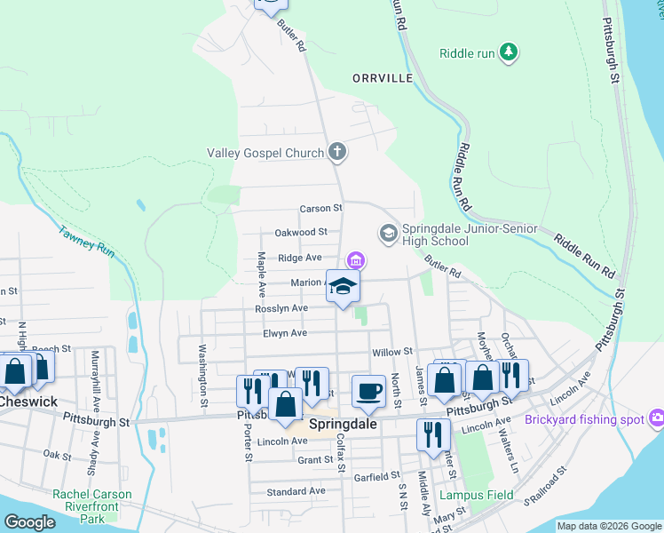 map of restaurants, bars, coffee shops, grocery stores, and more near 524 Ridge Avenue in Springdale