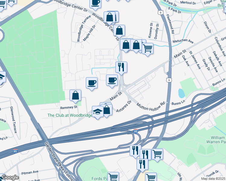 map of restaurants, bars, coffee shops, grocery stores, and more near 10 Woodbridge Center Drive in Woodbridge Township
