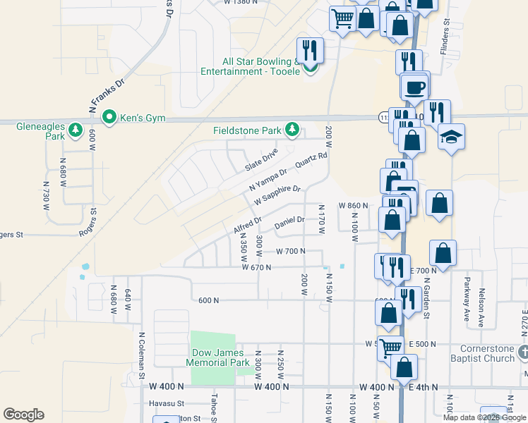 map of restaurants, bars, coffee shops, grocery stores, and more near 284 Alfred Drive in Tooele