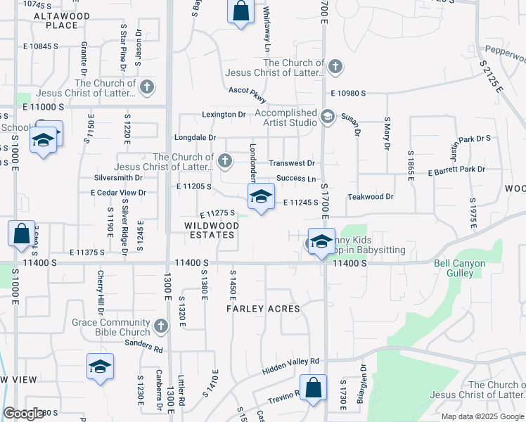 map of restaurants, bars, coffee shops, grocery stores, and more near 11265 South 1520 East in Sandy