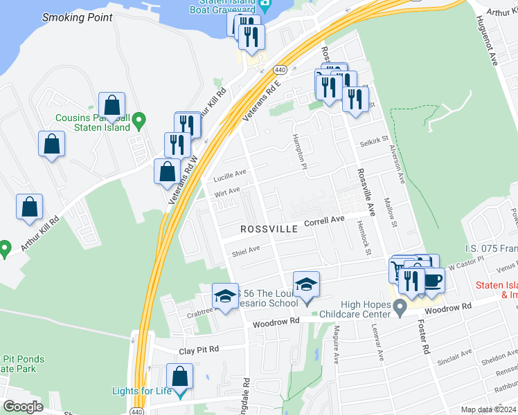 map of restaurants, bars, coffee shops, grocery stores, and more near 442 Winant Avenue in Staten Island