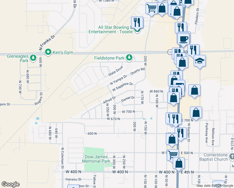 map of restaurants, bars, coffee shops, grocery stores, and more near 284 Alfred Drive in Tooele