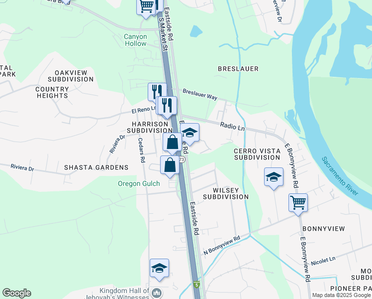map of restaurants, bars, coffee shops, grocery stores, and more near 4659 Eastside Road in Redding