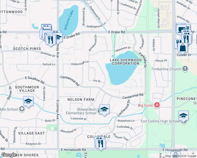 map of restaurants, bars, coffee shops, grocery stores, and more near 1436 Ivy Street in Fort Collins