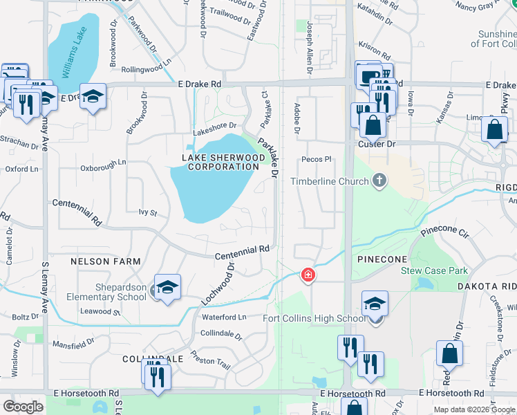 map of restaurants, bars, coffee shops, grocery stores, and more near 3024 Regatta Lane in Fort Collins