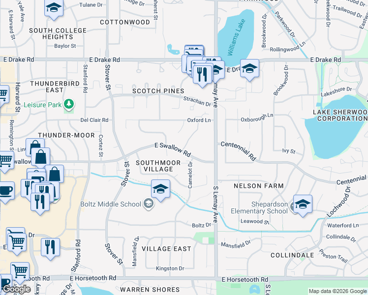 map of restaurants, bars, coffee shops, grocery stores, and more near 905 East Swallow Road in Fort Collins