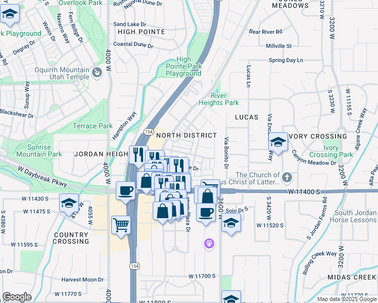 map of restaurants, bars, coffee shops, grocery stores, and more near 3723 Lilac Heights Drive in South Jordan