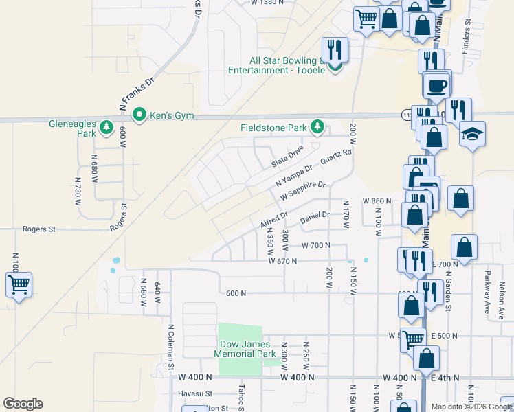 map of restaurants, bars, coffee shops, grocery stores, and more near 376 Alfred Drive in Tooele