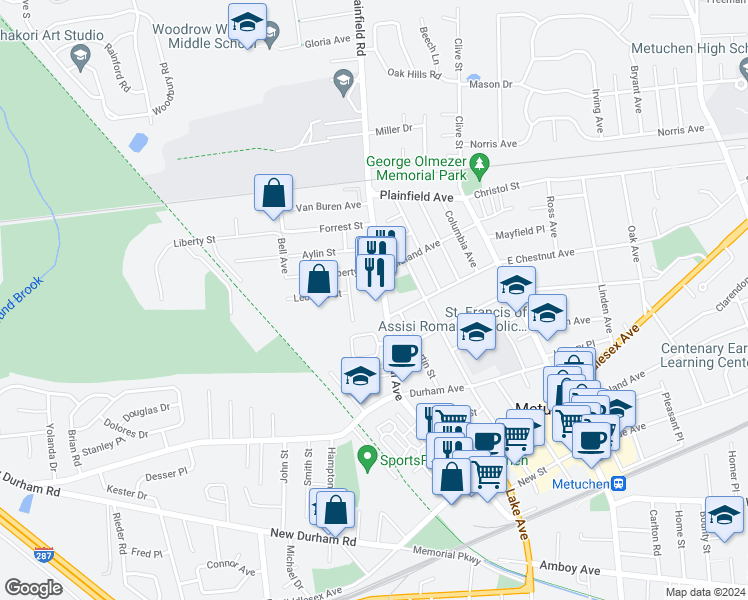 map of restaurants, bars, coffee shops, grocery stores, and more near 279 Central Avenue in Metuchen