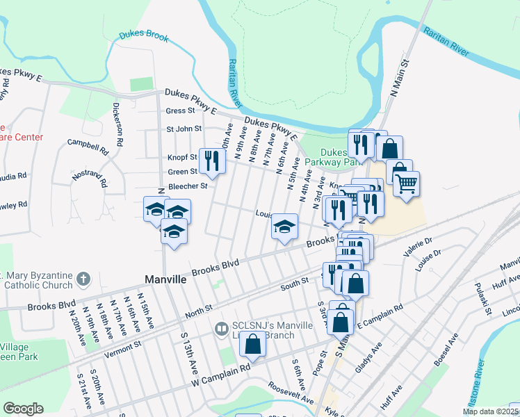 map of restaurants, bars, coffee shops, grocery stores, and more near 701 Louis Street in Manville
