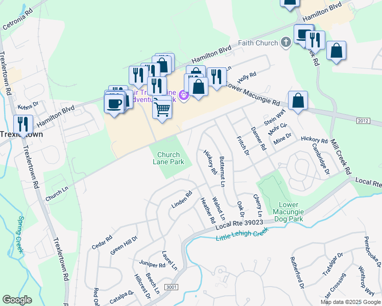 map of restaurants, bars, coffee shops, grocery stores, and more near 1300 Walnut Lane in Macungie