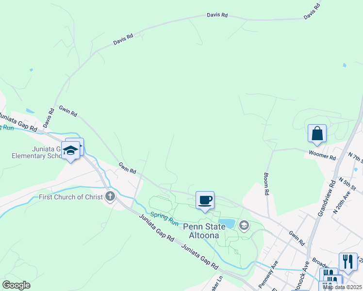 map of restaurants, bars, coffee shops, grocery stores, and more near Campus View Drive in Altoona